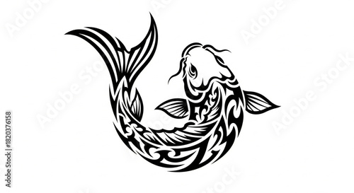 Intricate Tribal Fish Art with Flowing Lines, a Symbol of Grace and Resilience, rendered in a striking black and white vector illustration