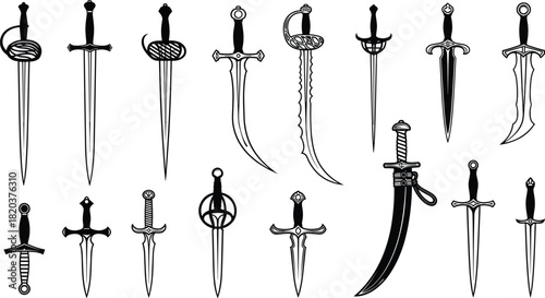 Assortment of Black and White Sword and Dagger Silhouettes on White Background blade weapon