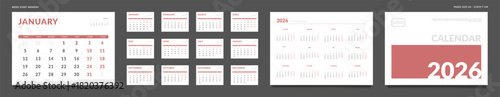 2026 Calendar Planner Set of Template grid Monthly Page, Cover with Place for Photo, Company Logo, Annual. Vector layout of wall or desk organizer calendar with week start Monday ready print. Pages A4