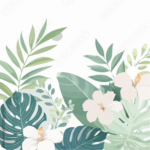 Floral tropical wallpaper. Background for the wall. Vector illustrations of trendy flowers, palm leaves, nature, monstera and plants in muted colors