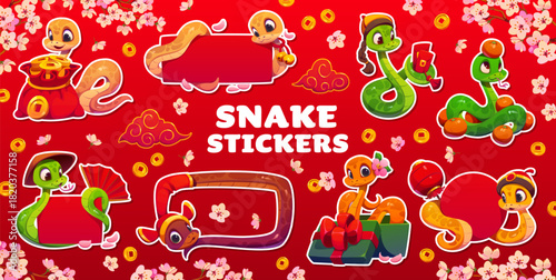 Asian funny snake characters stickers. Asian zodiac animal personages vector tags, Chinese snake mascot patch. Japanese personage stickers with sack of coins, clementines, gift and sakura flowers