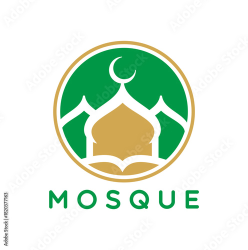 Arabian muslim mosque abstract icon or label. Arab Quran emblem, Islamic culture abstract vector label. Islam religion graphic symbol or Muslim mosque icon with mosque dome and moon crescent