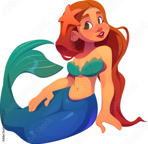 Underwater fantasy redhead mermaid princess cartoon character. Young mermaid happy character, pretty fantasy sea princess vector mascot. Underwater fairytale girl personage with starfish in hair