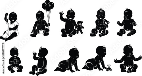 Black silhouette babies playing with toys and balloons on white background Keywords: baby, infant, child, silhouette, black