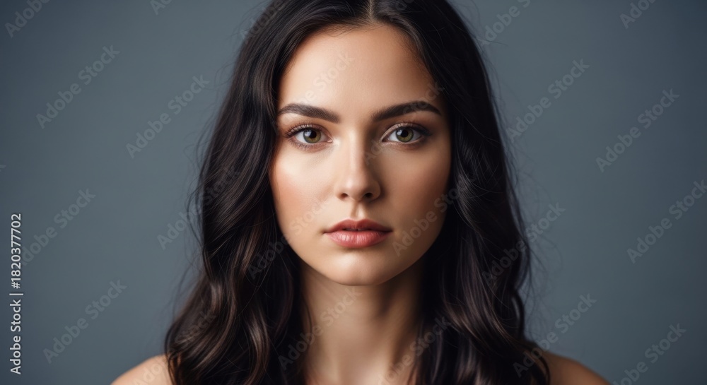 Fototapeta premium Portrait of a young woman with dark hair and natural makeup in a