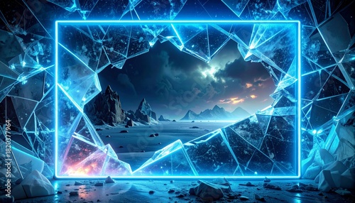 Abstract Landscape Through Broken Glass with Glowing Frame