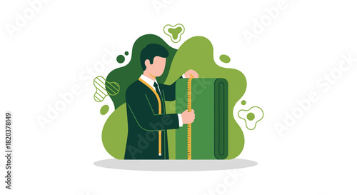 A man in a suit is depicted holding a folded green yoga mat, suggesting a break from business or a healthy lifestyle choice with a modern, minimalist design.
