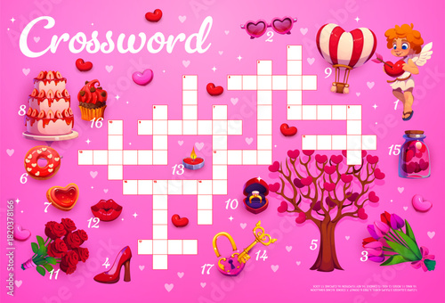 Valentines day crossword quiz game with romantic objects. Love holiday vector game, romance day quiz worksheet. Romantic celebration riddle with cupid, sweets, flowers and hearts, engagement ring