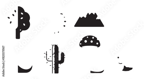 Minimalist desert silhouettes with cactus forms and abstract shapes.