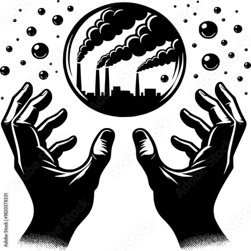 Environmental Manipulation: A symbolic black and white illustration depicting a pair of hands cradling a globe emitting pollution.