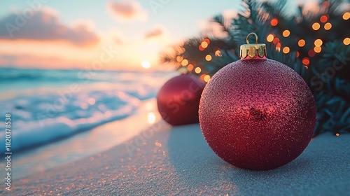 Pink Christmas ornaments on beach at sunset