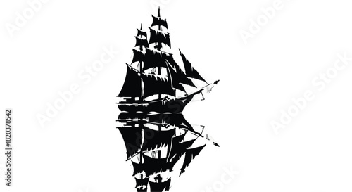 Majestic tall ship sailing on calm waters creating a striking reflection