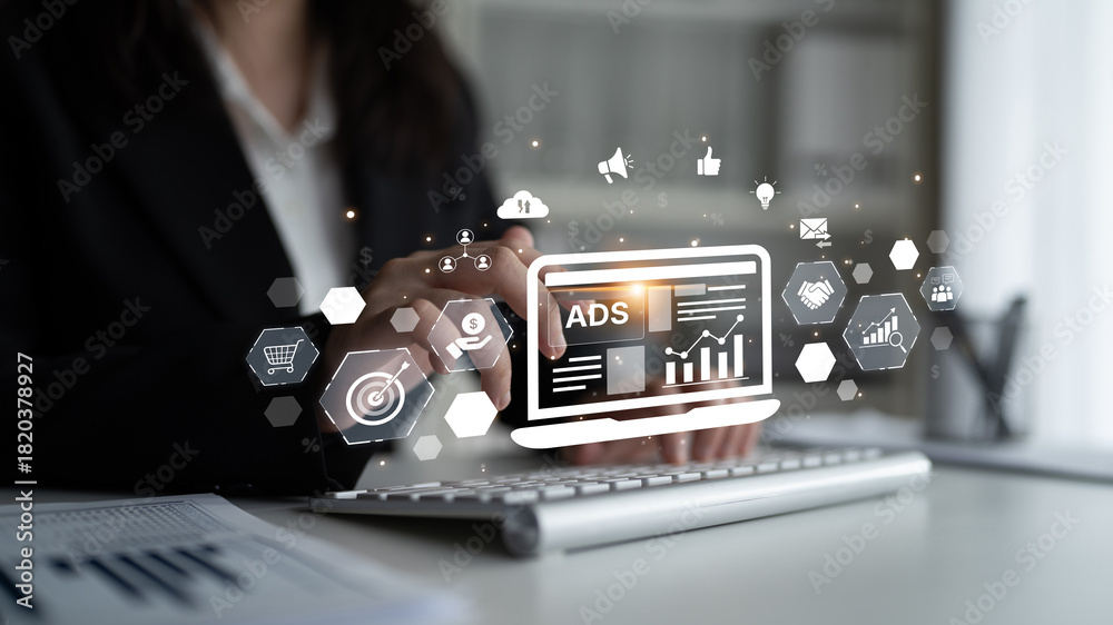 Fototapeta premium Online ads and digital marketing help brands grow. Content marketing builds engagement. Marketing tools boost ROI. Effective ads and marketing drive online business success. Spline
