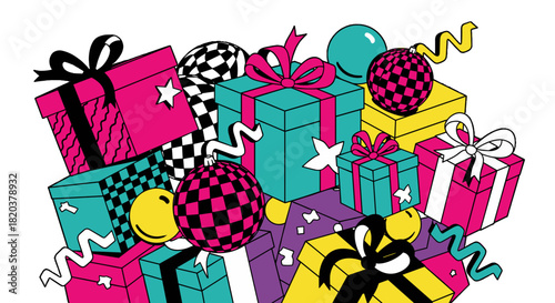 A colorful explosion of holiday gift boxes and festive decorations, perfect for celebrating any occasion with joy and surprise