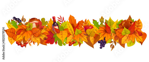 Thanksgiving holiday border. Autumn fall season leaves, berries and acorns, wine bottle and mushrooms. Cartoon vector divider with leaves foliage. Cozy seasonal fall garland frame for harvest holiday