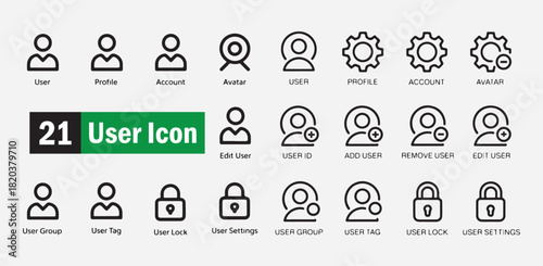 Set of 21 user icon in outline style user profile account avatar edit user group tag vector