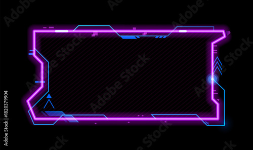 Violet neon game frame asset, hud interface overlay. Electronic UI menu vector frame, neon glow HUD design border. Digital interface overlay poster or futuristic led light user interface banner