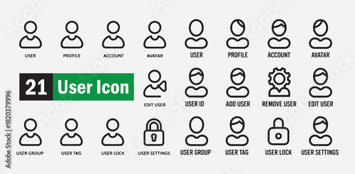 Set of 21 user icon in outline style user profile account avatar edit user group tag vector icon