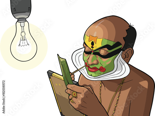 Senior kathakali artist in Kerala doing makeup vector illustration