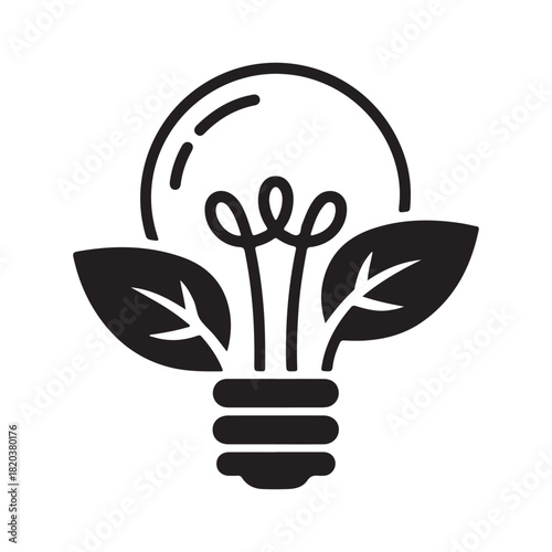 Green energy lightbulb icon with growing leaves concept