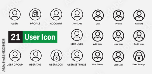 Minimalist user icon set black outline profile account avatar symbols group tag lock settings