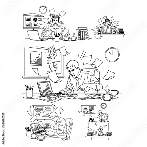 silhouette pack of over work, depression , office over work black icons.1