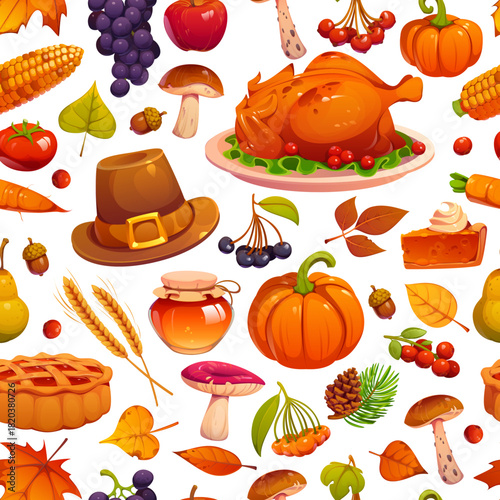 Thanksgiving seamless pattern. Cartoon vector tile background with food harvest, turkey, pumpkin and corn, pie, mushroom or fruits. Berries, vegetables, autumn leaves festive seasonal holiday layout
