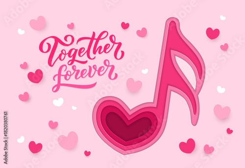 Paper cut Happy Valentine Day greeting card with love music melody and notes. Valentine Day love card of vector 3d paper cut heart music note at pink hearts background. Love holiday greeting banner