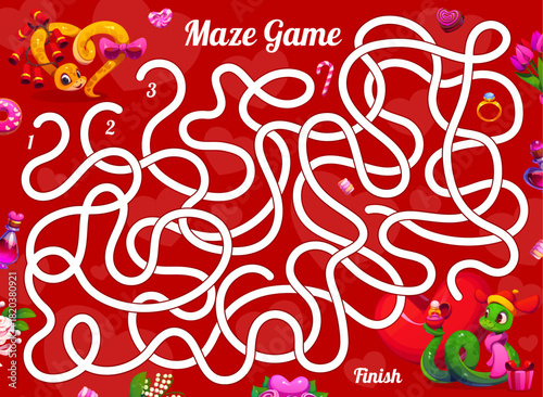 Labyrinth maze game with Valentine Day snakes, love hearts and romantic gifts. Cartoon snake characters puzzle game quiz with labyrinth maze, Valentines Day hearts, flowers, wedding rings and candies