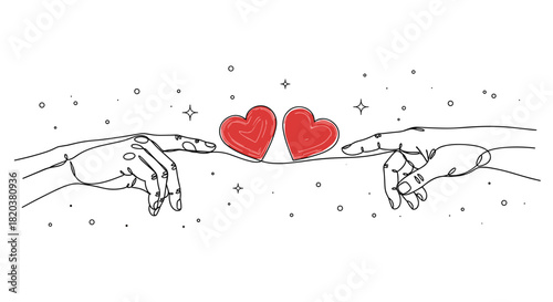 Hands Holding Two Hearts Continuous Line Drawing with Red Love Sign and Sparkles - Connection and Charity Vector