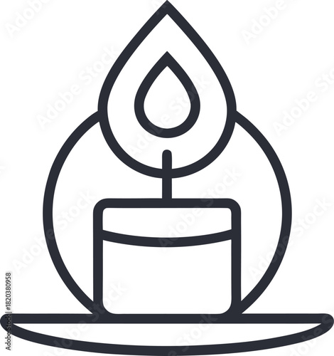 A simple line art illustration of a lit candle with a flame and wick presented as a clean icon isolated on white background.