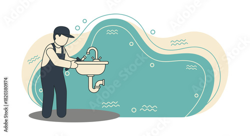 A plumber is depicted fixing a sink in a vector illustration, showcasing the profession and the essential services provided in homes and businesses.
