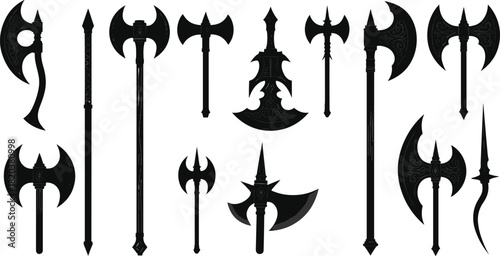 Collection of Fantasy Axe Silhouettes with Ornate Designs weapon battle