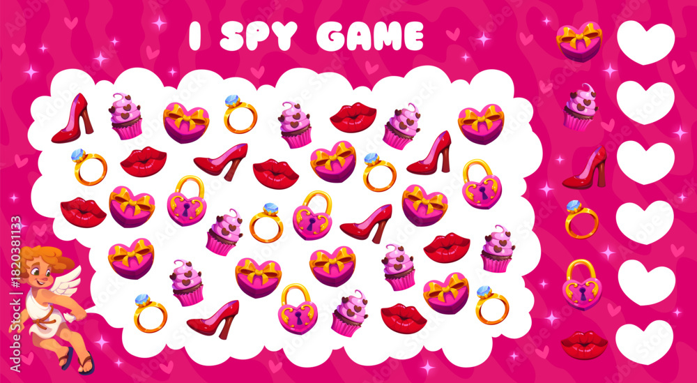 Fototapeta premium I spy game with Valentines Day gifts, hearts and sweets. Vector worksheet of Valentines love holiday puzzle quiz with cartoon Cupid character. Romantic gift box, chocolate cake and kiss I spy game