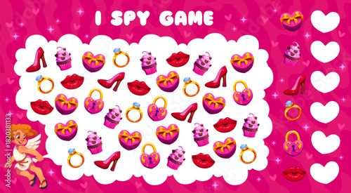 I spy game with Valentines Day gifts, hearts and sweets. Vector worksheet of Valentines love holiday puzzle quiz with cartoon Cupid character. Romantic gift box, chocolate cake and kiss I spy game