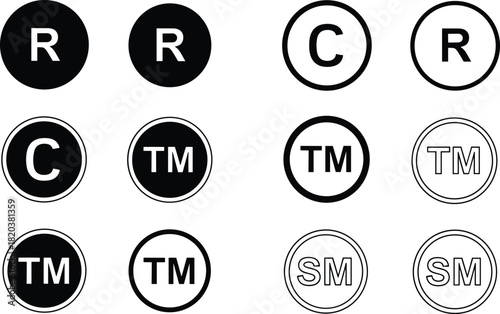 Collection of trademark and copyright symbols RTMCSM in black and white registered icon