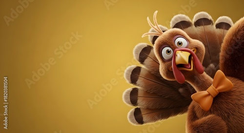 Thanksgiving Turkey Cartoon with Bow Tie and Expressive Face on Yellow Background