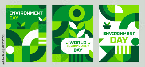 World environment day posters with geometric green Bauhaus pattern. Clean ecology vector card, environment day Bauhaus forms banner. Save nature geometric shapes flyer or planet protection poster