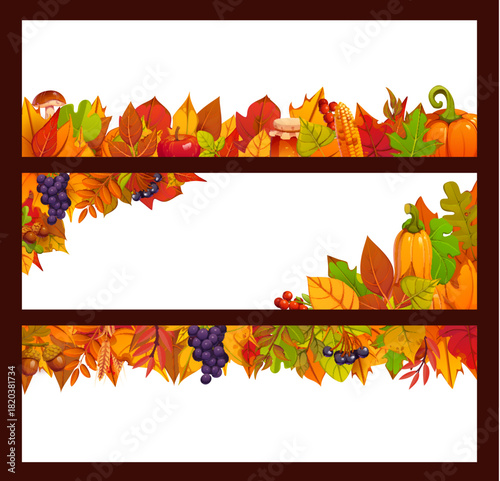 Autumn season and Thanksgiving banners with harvest. Festive fall season borders and holiday vector horizontal frame templates with ripe cartoon pumpkins, berries, fallen forest leaves and fruits