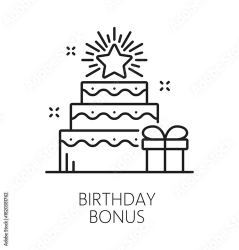 Customer birthday exclusive benefit line icon or symbol. Loyalty program gift lineart vector icon, exclusive benefit reward symbol. Special offer bonus pictogram with birthday cake, gift box and star