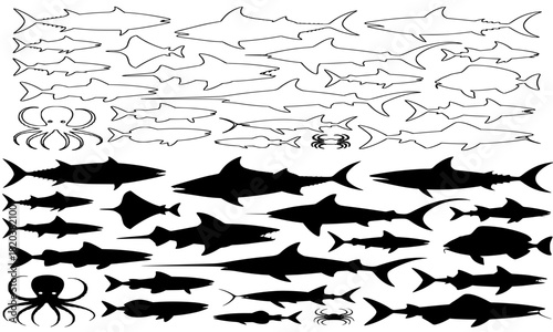 Shark and Marine Life Silhouette & Outline Vector Icon Set
