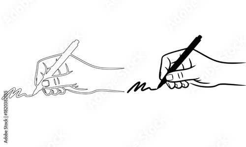 Hand Writing Signature with Pen Icon Set: Outline and Solid