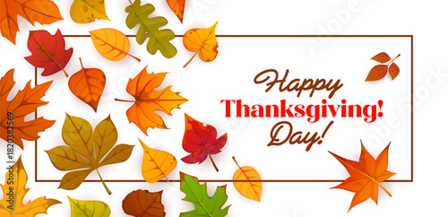 Happy Thanksgiving day poster, autumn greeting card decorated with fall oak, maple and tree leaves in golden, red and yellow colors. Vector holiday banner. Thanks Giving day congratulation poster