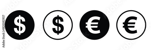 dollar and euro currency vector icons, featuring clean financial symbols for money management, payment systems, banking graphics, digital apps, and professional financial design projects.