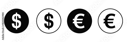 dollar and euro currency icon set, vector symbols representing money, finance, wallet, payment, and banking concepts for digital applications, web design, and financial business projects.