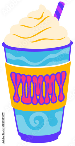 Fast food yummy milkshake vintage Y2K sticker or tag. Takeaway meal vintage hippie vector tag, takeout cafe groovy Y2K label. Fast food menu retro patch with sweet drink, whipped cream and straw