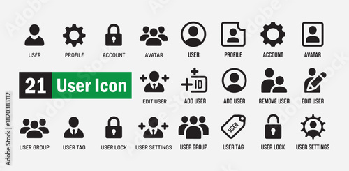 Versatile user icon set in black solid fill for profile management and account operations