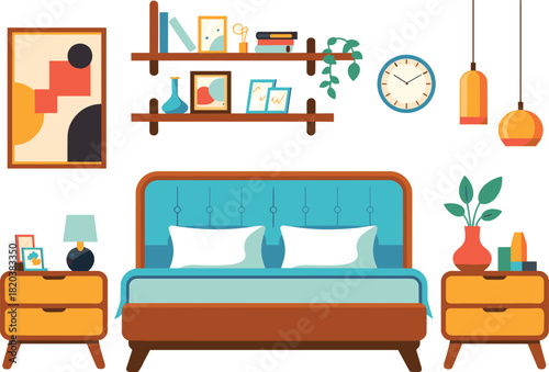 Mid-Century Modern Bedroom Furniture Vector Set Featuring Bed, Nightstands, Shelves, Wall Art, Clock, and Hanging Lamps for Interior Design.