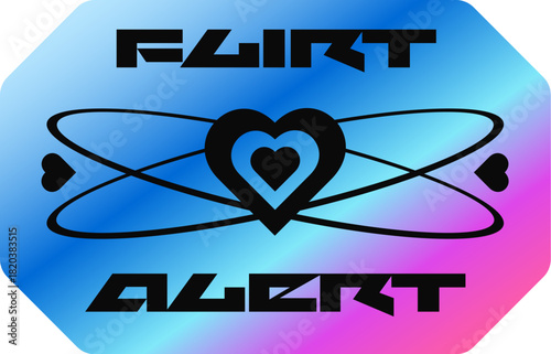 Flirt alert hologram retro Y2K sticker or symbol. Reflective foil vintage sticker, gradient chrome holographic Y2K vector tag. Glossy iridescent label with love heart and graphic typography