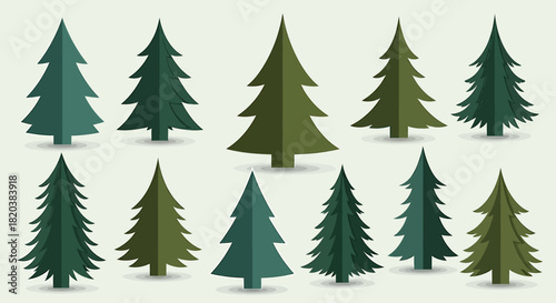 Set of Green Pine Trees Vector Illustrations